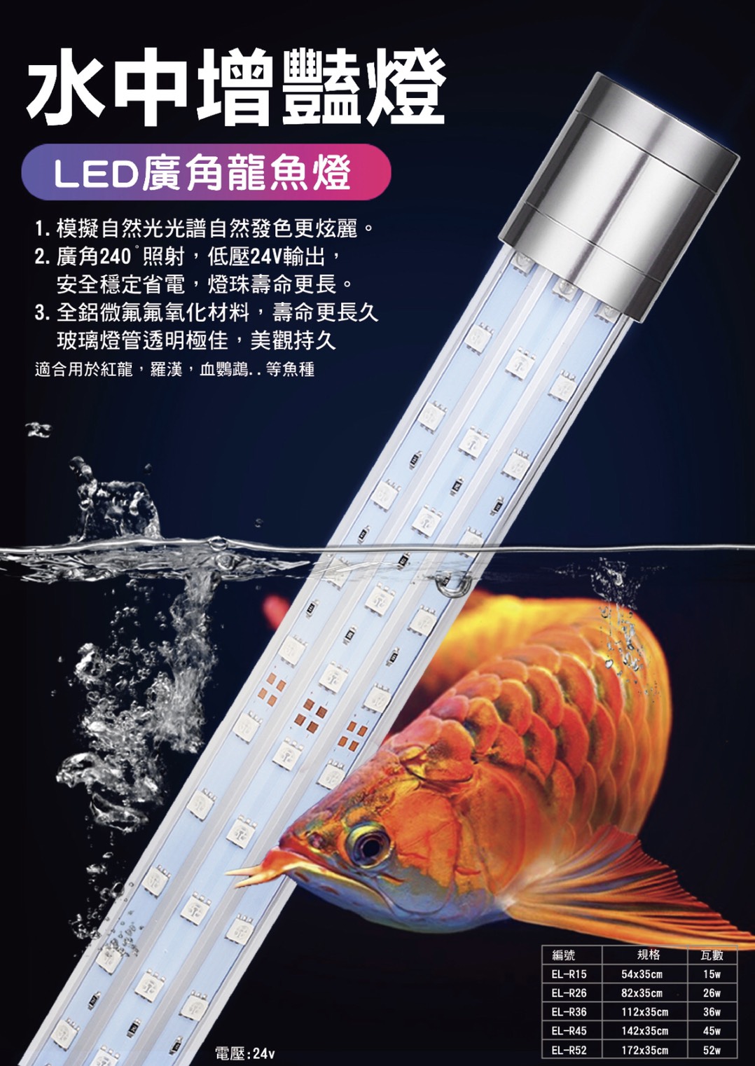 Led廣角龍魚燈 水中增艷燈 三排燈粒52W(180cm)